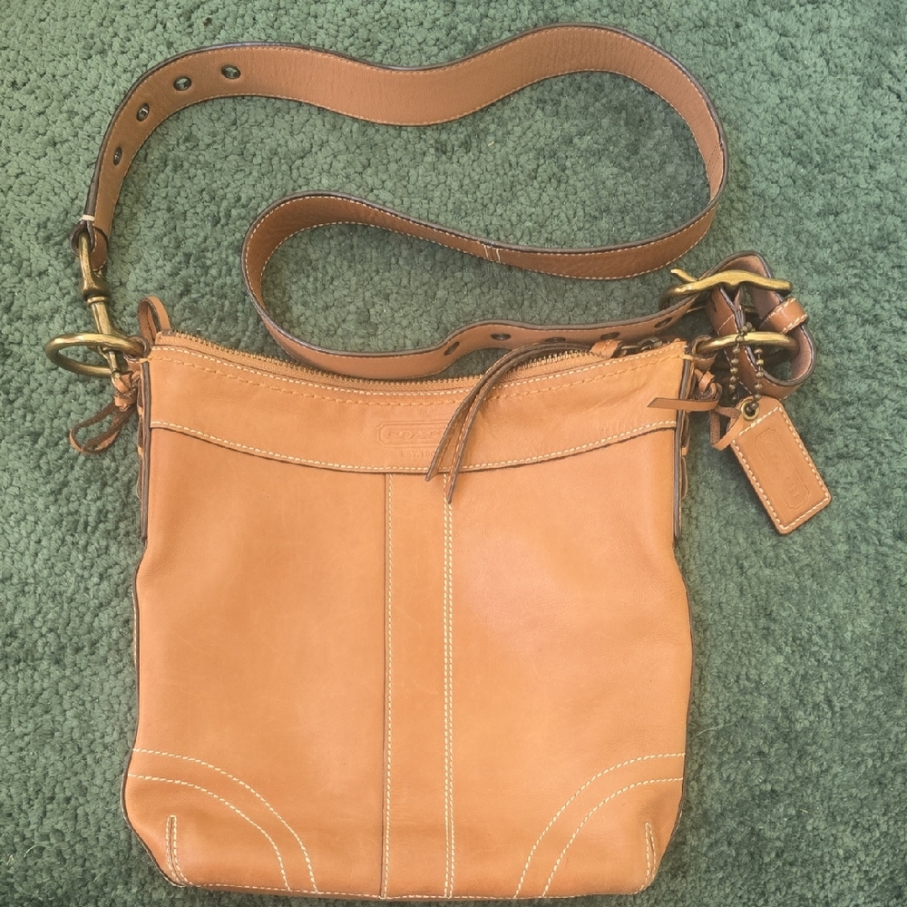 Coach Tan Leather Crossbody Sling Bag with Gold Hardware